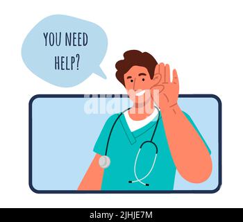 Phone call with doctor.Online consulting on mobile phone concept.Flat vector Stock Vector