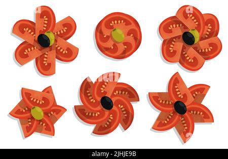Set of chopped tomatoes for decorating salads and meat dishes. Star shaped tomato slices. Flat cartoon vector isolated on white background Stock Vector