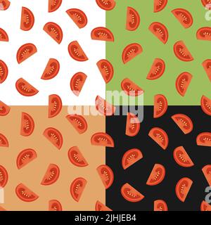 Set of seamless patterns with sliced tomato. Tomato wedges and slices for salad. Ornament for decoration and printing on fabric. Design element. Vecto Stock Vector