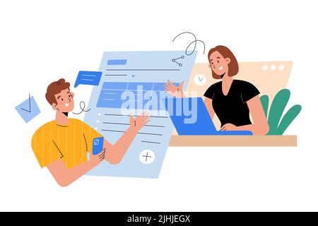 Colleagues or business partners working at the same shared document, editing using laptop and mobile app, discussing project via video conference Stock Vector