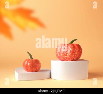 Creative Fall podium for pumpkins. Autumn, Halloween or Thanksgiving season concept Stock Photo