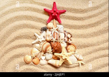 Christmas tree with different seashells on the sea sand. Creative Christmas background Stock Photo