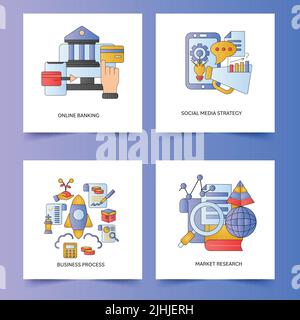 Flat Style Icons Concept Of Online Shopping, Social Media Strategy, Business Process And Market Research In Posts Or Template Design. Stock Vector