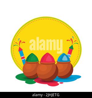 Vector Illustration Of Powder Color (Gulal) In Mud Pots With Water Gun (Pichkari), Copy Space On Yellow And White Background. Stock Vector