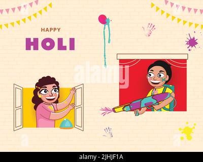 Happy Holi Celebration Background With Neighbor Boy Splashing Girl With Squirt gun From Their Balcony. Stock Vector