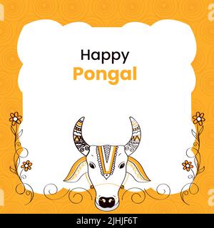 Happy Pongal Concept With Doodle Bull Face, Floral Decorated On White And Yellow Swirl Pattern Background. Stock Vector
