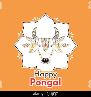 Sticker Style Happy Pongal Font With Doodle Style Bull Face On White And Dark Yellow Background. Stock Vector