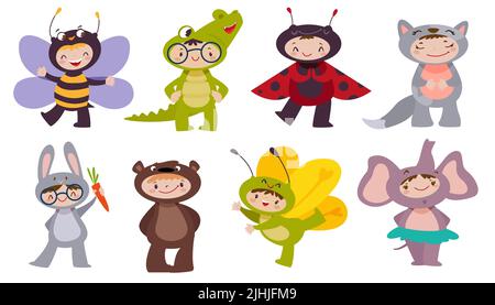 Flat funny children wearing carnival animal costumes. Cute kids characters on fun party smiling, dancing. Set of happy childs in bee, bear, cat, rabbit, elephant, crocodile and insect costume dress. Stock Vector