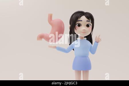 Little girl showing the stomach model with cartoon style, 3d rendering. Computer digital drawing. Stock Photo