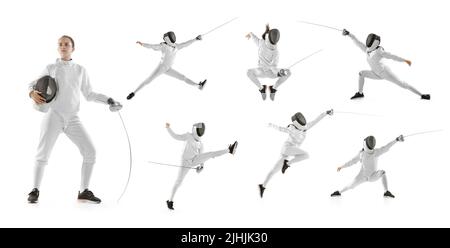 Photo set with images of teen girl in fencing costume with sword in hand isolated on white studio background. Sport, youth, healthy lifestyle. Stock Photo