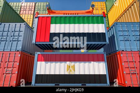 Cargo containers with Egypt and United Arab Emirates national flags. 3D Rendering Stock Photo