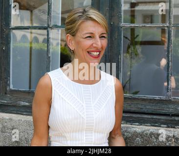 Outdoor portrait of Yolanda Diaz, labour lawyer and current Second Vice-President of the Spanish Government. Smiling and casual portrait. Stock Photo