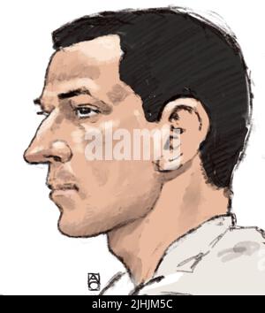 2022-07-19 11:00:00 THE HAGUE - Court drawing of the suspect man (31) from Georgia before the police judge. He is suspected of several needlestick incidents at the dance festival The Hague Outdoor. He is on trial for assault. ANP ALOYS OOSTERWIJK netherlands out - belgium out Stock Photo