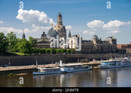 Dresden, Germany, May 2022 View over the Elbe to the baroque old town and the piers of the Elbdampfschifffahrt Stock Photo