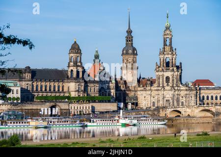 Dresden, Germany, May 2022 View over the Dresden Elbe meadows to the backdrop of the castle and the castle church and the Augustus Bridge Stock Photo