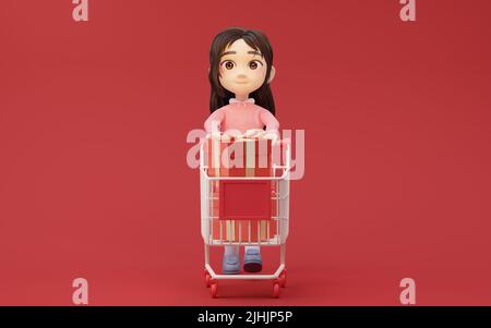 Little girl with shopping theme with cartoon style, 3d rendering. Computer digital drawing. Stock Photo