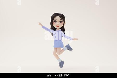 Little girl jumping excitedly with cartoon style, 3d rendering. Computer digital drawing. Stock Photo