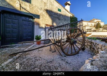 Typical old wooden cart used for transportation in ancient times. Chichon, Madrid. Stock Photo