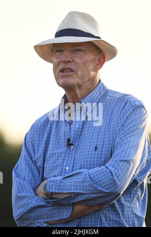 EDITORIAL USE ONLY Trainer, John Gosden watches his horse, Stradivarius train up the Warren Hill Gallops in Newmarket as they prepare to attempt a record fifth Group 1 Al Shaqab Goodwood Cup win next week. Picture date: Tuesday July 19, 2022. Stock Photo