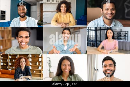 Smiling diverse employees brainstorm sharing ideas at workplace Stock ...