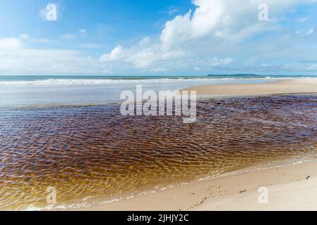 Meeting of the sea and the river on the deserted beach against blue sky with clouds. Praia do Guaibim, coast of the sea of Bahia, Brazil Stock Photo