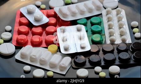 Variety of Medicinal Tablets in Blister Pack Macro Shot Stock Photo