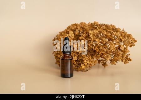 Natural cosmetic skincare serum packaging with leaf fern and fresh juicy  orange fruit on white background. Beauty vitamin ingredient. alternative  medi Stock Photo - Alamy