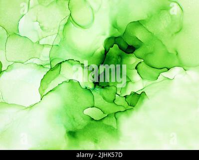 Abstract green watercolor Alcohol Ink Flow Paint. Modern hand painted artwork of abstract transparent alcohol ink background. Art for design. Color ma Stock Photo