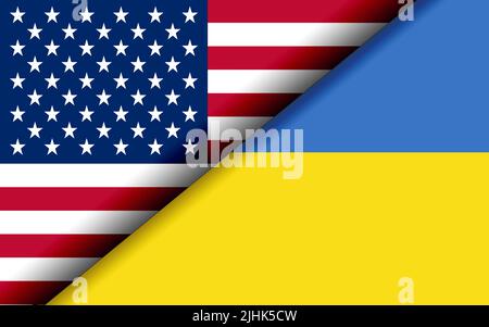Flags of  USA and Ukraine divided diagonally. 3D rendering Stock Photo