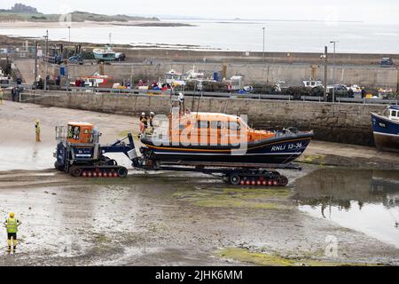 Training exercise launch of Shannon Class Lifeboat RNLB 13-36 John and Elizabeth Allan at Seahouses Harbour, North Sunderland, England Stock Photo