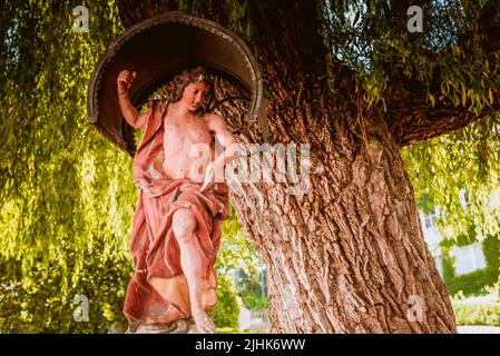 Small niche with religious images that show the faith of the region's population. Collalbo, Klobenstein in German, is a fraction, and seat of the town Stock Photo