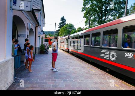 Train station of Ritten railway. Collalbo, Klobenstein in German, is a fraction, and seat of the town hall, of the scattered Italian municipality of R Stock Photo