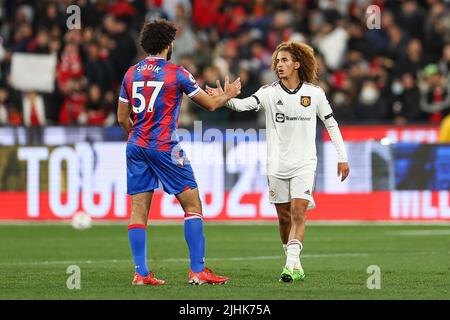 Hannibal Mejbri (46) of Manchester United and Cardo Siddik (57) of Crystal Palace shake hands at the end of the game in, on 7/19/2022. (Photo by Patrick Hoelscher/News Images/Sipa USA) Credit: Sipa USA/Alamy Live News Stock Photo