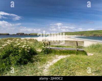 St Ninian's Isle, Shetland, Scotland, UK with the best example in the UK of a tombolo, the beach, connecting an island and the mainland. Stock Photo