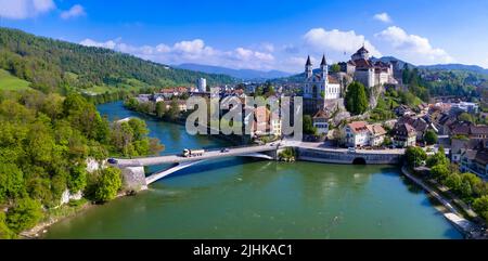 Switzerland travel and landmarks. Aarburg  aerial view.  old medieval town with impressive castle and cathedral over rock. Canton Aargau, Bern provinc Stock Photo
