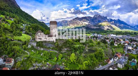 Aerial Of The Sargans Village And Medieval Hilltop Fortress In Canton 