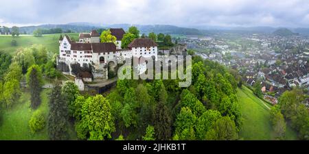 Great medieval historic castles of Switzerland - Lenzburg in the Canton of Aargau, aerial panoramic view Stock Photo