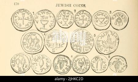 Ancient Jewish Coins from the book Illustrated encyclopaedia of gold and silver coins of the world; illustrating the modern, ancient, current and curious, from A.D. 1885 back to B.C. 700 by Andrew Madsen Smith, Publication date 1886 Stock Photo