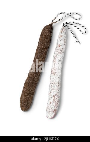 Pair of traditional Catalan sausage, fuet, natural and with black pepper isolated on white background Stock Photo