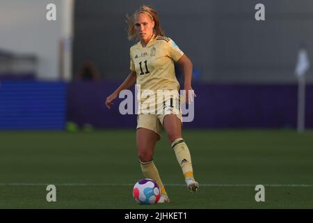 Manchester, England, 18th July 2022. Janice Cayman of Belgium during the UEFA Women's European Championship 2022 match at the Academy Stadium, Manchester. Picture credit should read: Jonathan Moscrop / Sportimage Stock Photo