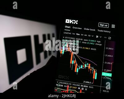 Person holding cellphone with webpage of crypto company Aux Cayes FinTech Co. Ltd. (OKX) on screen with logo. Focus on center of phone display. Stock Photo