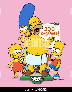 LISA, MAGGIE, MARGE, HOMER, SANTA'S LITTLE HELPER, SNOWBALL, BART SIMPSON, THE SIMPSONS, 1989 Stock Photo