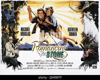 DANNY DEVITO, MICHAEL DOUGLAS, KATHLEEN TURNER, ALFONSO ARAU POSTER, ROMANCING THE STONE, 1984 Stock Photo