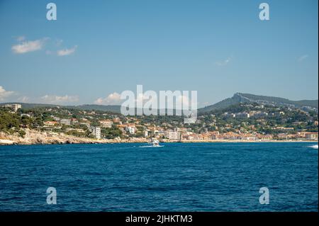 View from seaside on Provencal Cassis, boat excursion to Calanques national park in Provence, France Stock Photo