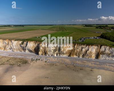 Aerial view on white halk cliffs, green fields of Pays de Caux and ...