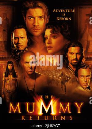 PATRICIA VELASQUEZ, ARNOLD VOSLOO, DWAYNE 'THE ROCK' JOHNSON, BRENDAN FRASER, RACHEL WEISZ, ODED FEHR, JOHN HANNAH MOVIE POSTER, THE MUMMY RETURNS, 2001 Stock Photo