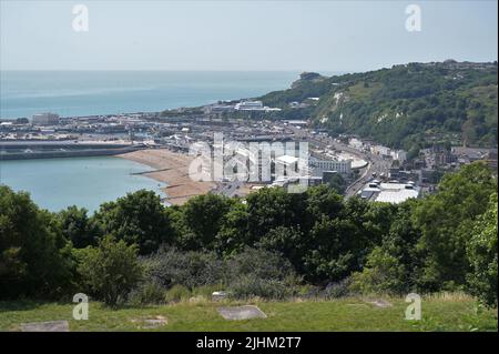 Dover, Kent, UK-July 19th 2022: Looking down at the beach at Dover from the top of Dover castle. Stock Photo