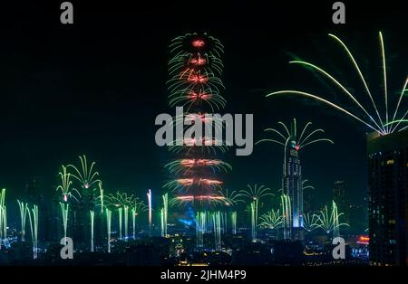 New year fireworks in Burj Khalifa, the tallest tower in the world, Dubai, United Arab Emirates Stock Photo