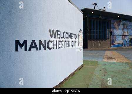 Manchester, UK. 18th July, 2022. Manchester, Great Britain, July 18th 2022: Welcome to Manchester City at a wall at Etihad Stadium of Manchester City, Manchester, England (Sven Beyrich/SPP) Credit: SPP Sport Press Photo. /Alamy Live News Stock Photo