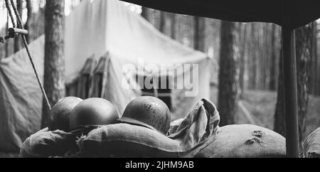Metal Helmets Of United States Army Infantry Soldier At World War II ...